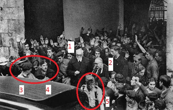 (1) Unamuno (2) Obispo Pla y Deniel (3, 4 y 5) Acompañantes habituales de Millán Astray
