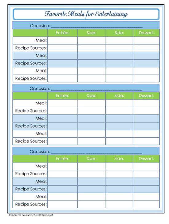 31 Days of Home Management Binder Printables: Day #26 Favorite Meals for Entertaining