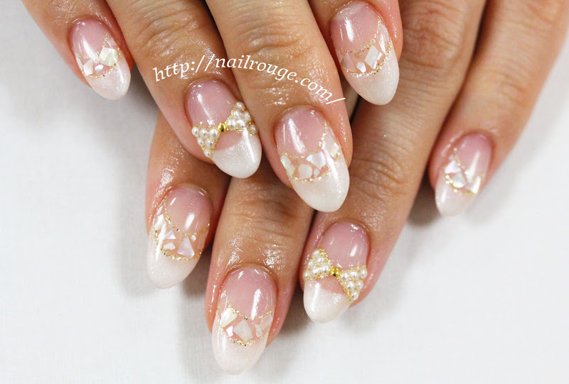 シェルを使ったダブルフレンチにパールリボンネイル ネイルルージュ ネイルルージュ のネイル ネイルクルー