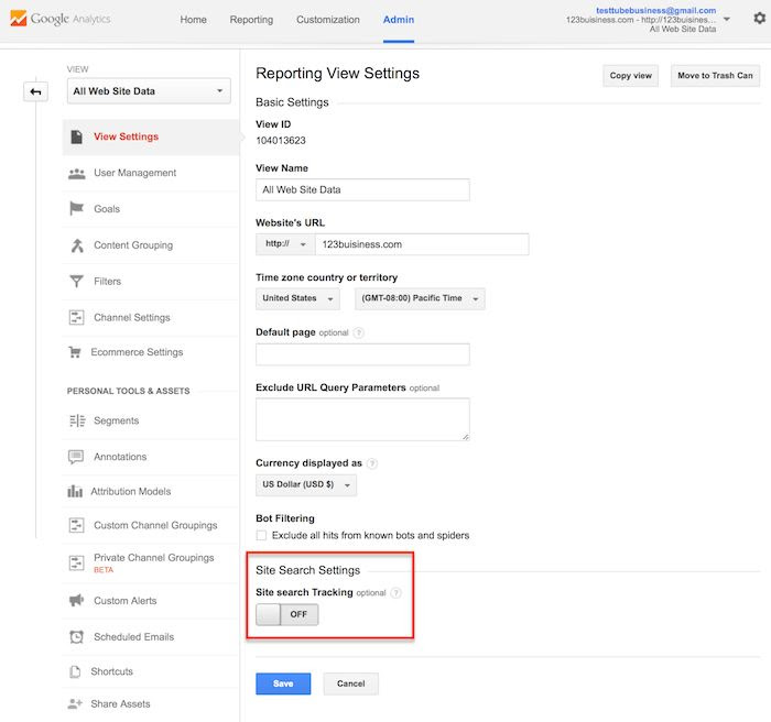 site search settings in google analytics