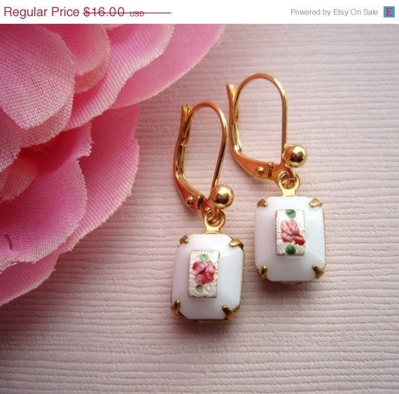 15% off Anniv Sale ROSEBUD, Vintage Rose Earrings, Milk Glass Earrings, Romantic Earrings, Vintage White Earrings, Bridesmaids Gifts