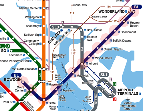 Blue Line Map Boston Blue Line map   Boston subway