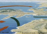 The battle progression, with the movements of the Greek flotilla marked in green, and the Persian ships marked in red