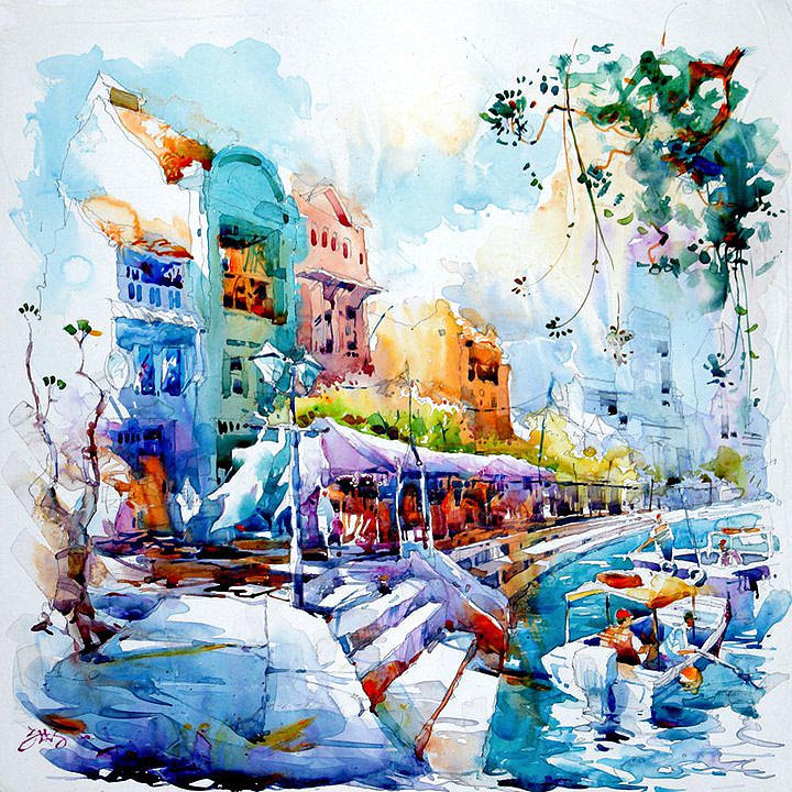Singapore River Boat Quay Painting Jack Tia Kee Woon