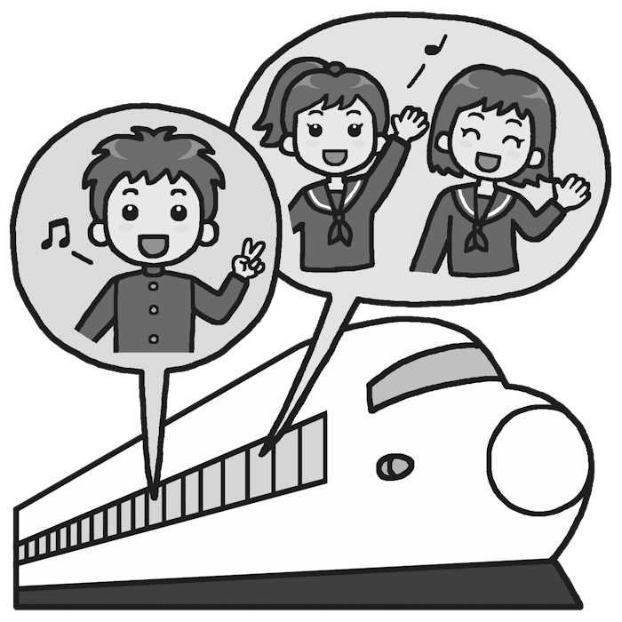 新幹線で出発 モノクロ 修学旅行の無料イラスト 学校行事素材