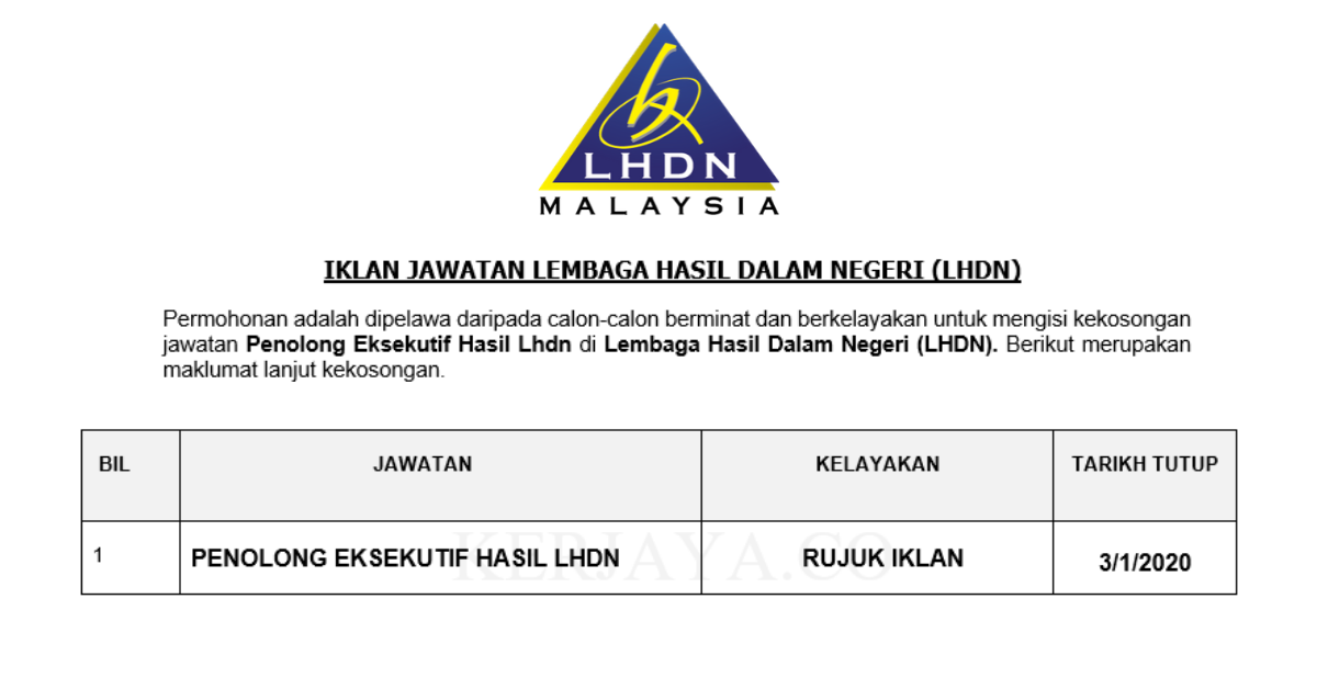 Permohonan Jawatan Kosong Lembaga Hasil Dalam Negeri (LHDN ...