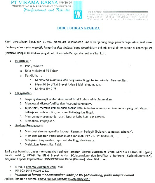 Rekrutmen Lowongan Pekerjaan PT Virama Karya (Persero), lowongan desember 2016