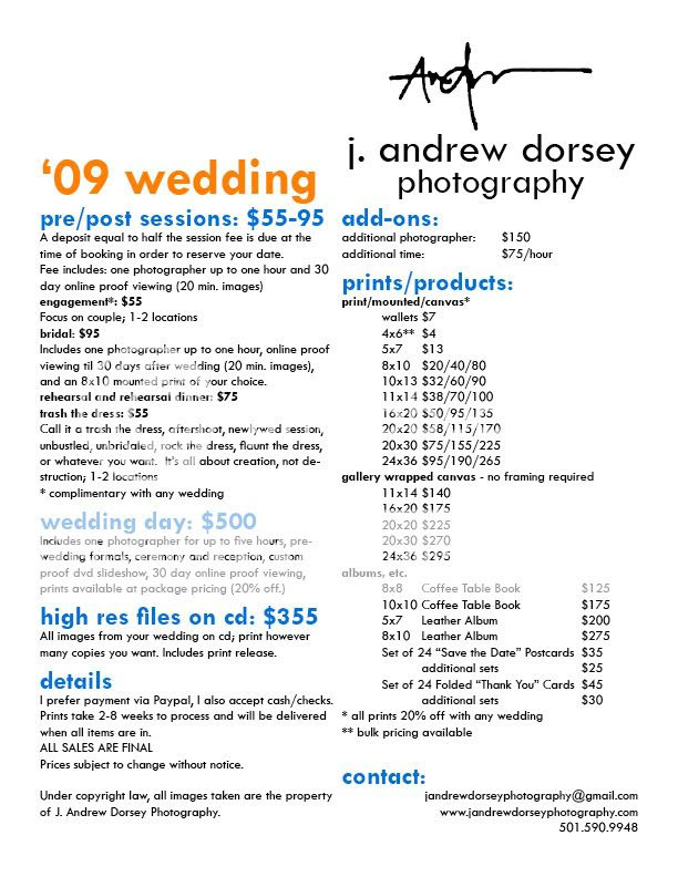wedding photo lists on Price List Wedding Price List Calendar