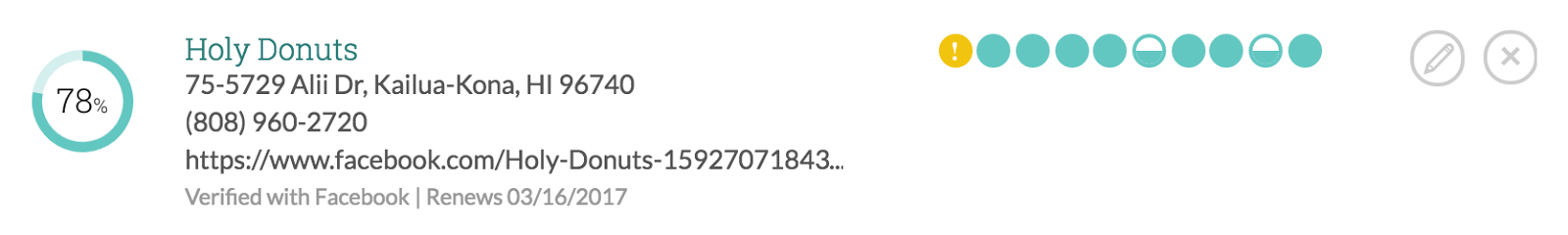 Screenshot of a listing for "Holy Donuts," with the accuracy bubbles filled in
