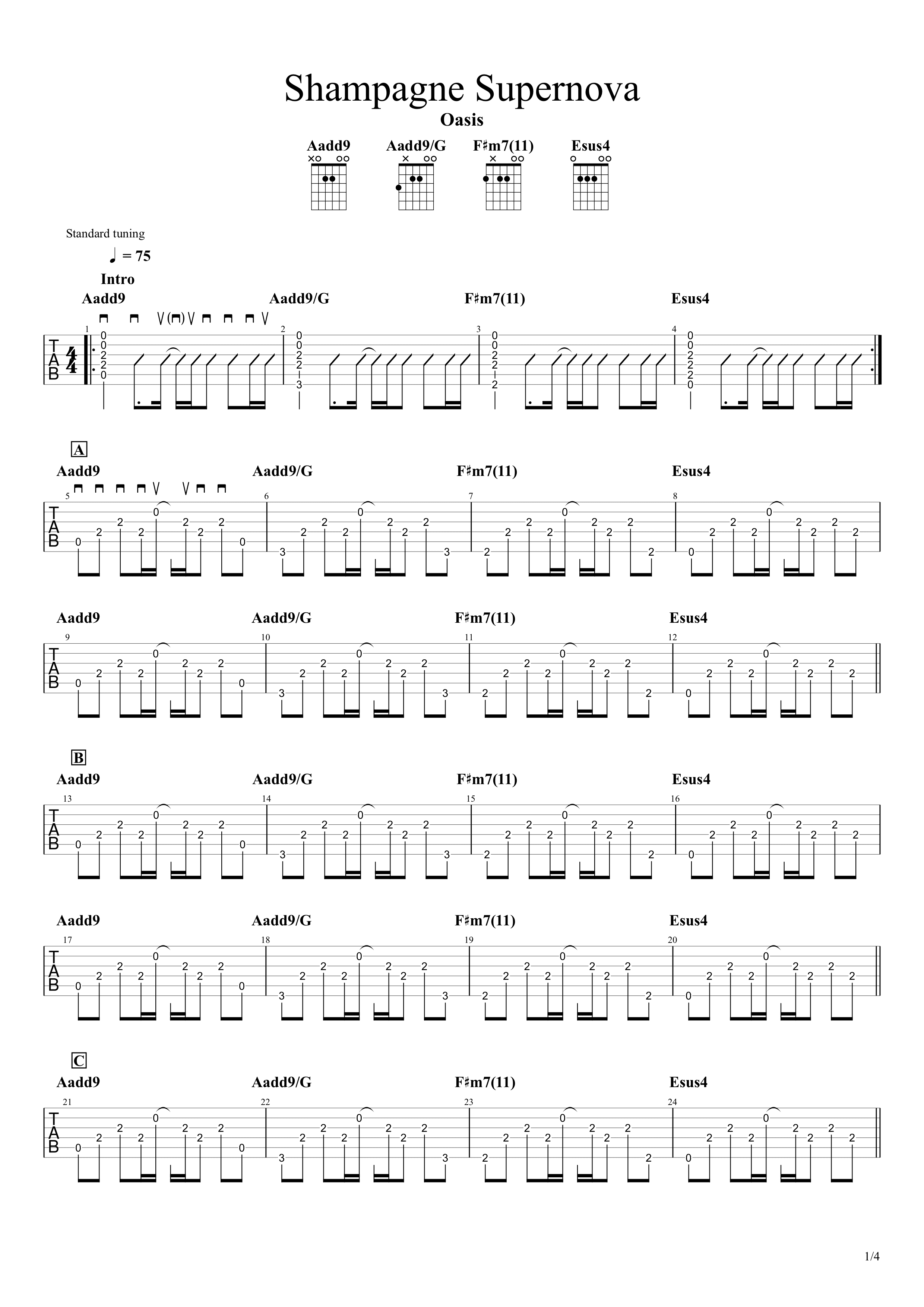 Shampagne Supernova Oasis 無料ギターtab譜 コード アルペジオで弾くアレンジver リードもちょっとあるよ Easy Guitar Net