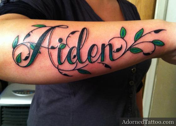 Script With Leaves Forearm Name Tattoo  Adorned Tattoo