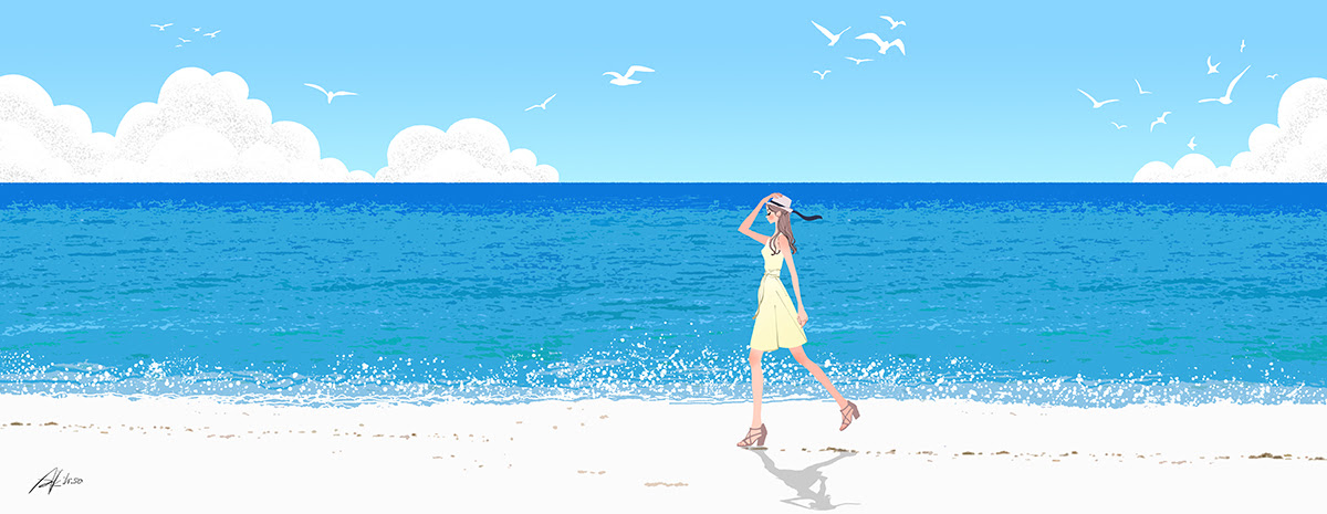 夏の海岸を歩く 恋するイラストレーションno 526 イラストレーターakihisasawadaイラスト デザイン室