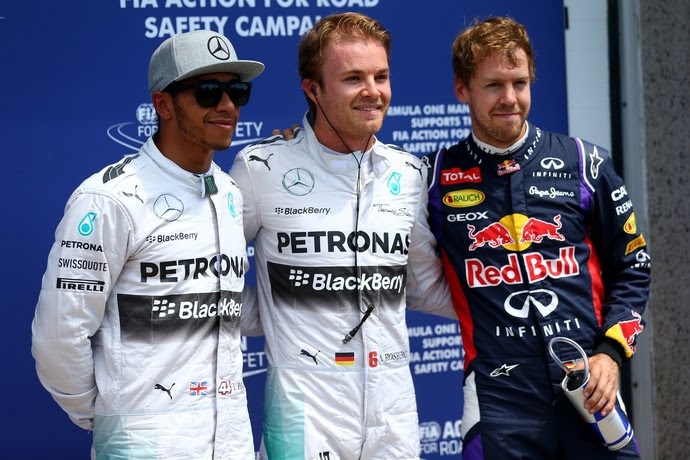 Nico Rosberg entre Lewis Hamilton e Sebastian Vettel: os três primeiros do grid do GP do Canadá (Foto: Getty Images)