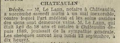 Décès Le Lann in Dépêche de Brest du 22 septembre 1912.