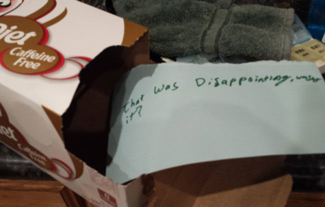 I reached into the box for the last can, but instead found only this note from one of my kids