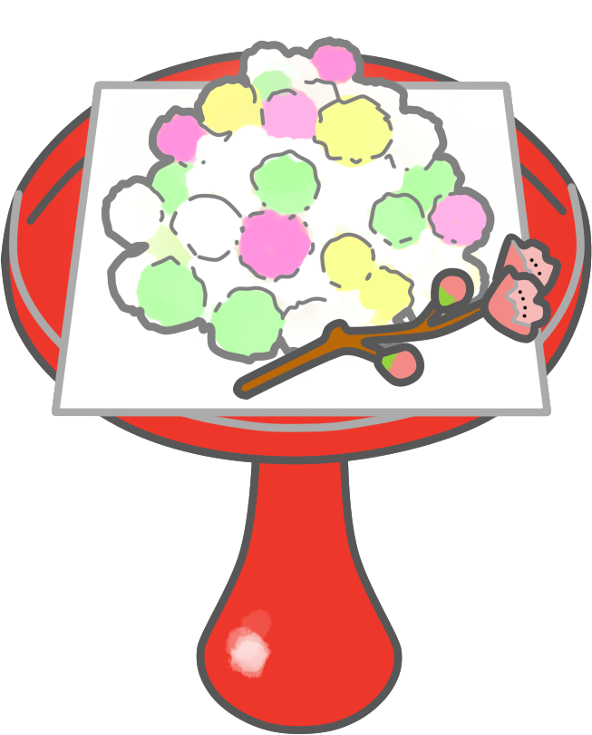 雛あられイラスト 高杯盛りの雛祭りお菓子 桃の花付き 可愛い無料イラスト素材集