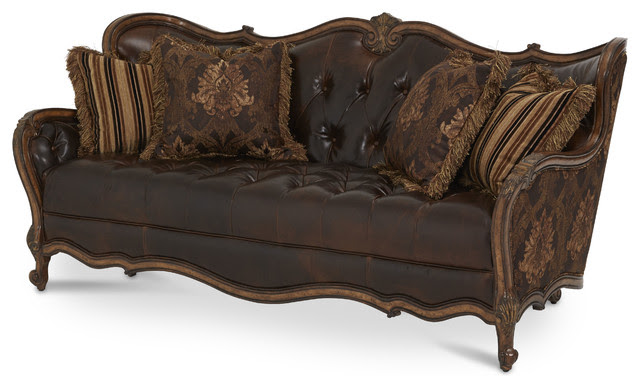 Lavelle Melange Leather/Fabric Wood Trim Tufted Sofa - traditional 