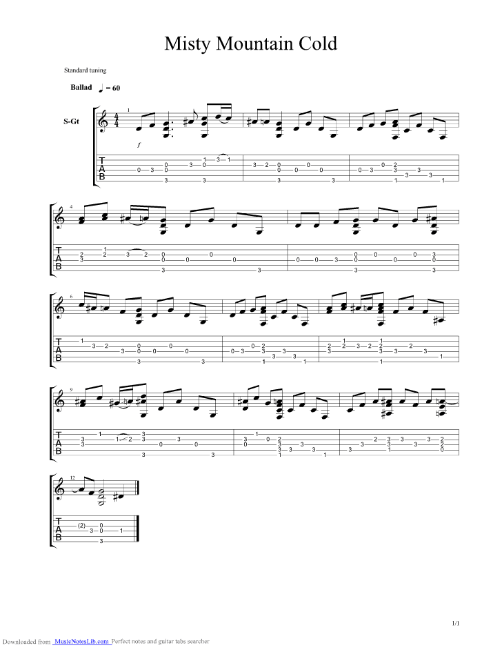 Misty Mountains Cold Guitar Pro Tab By Lord Of The Rings Musicnoteslib Com
