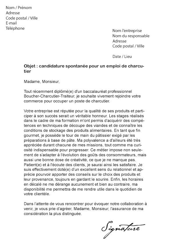 Lettre de motivation Charcutier - Modèle de Lettre