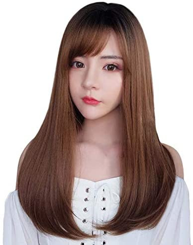 Feshfen ウィッグ ロング ストレート レディース セミロング 自然 耐熱 フルウィッグ かつら 斜め前髪 人気 小顔