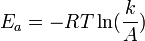 E_{a} = -RT\ln(\frac{k}{A})
