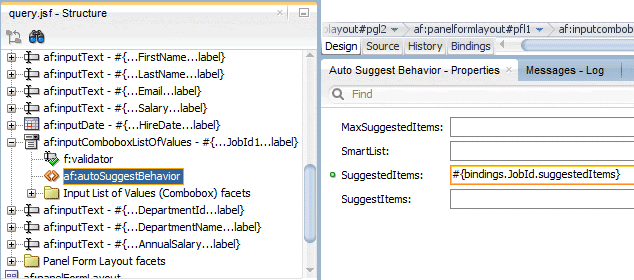 Insert Auto Suggest Behavior dialog with bindings String highlighted in Suggested Items field.