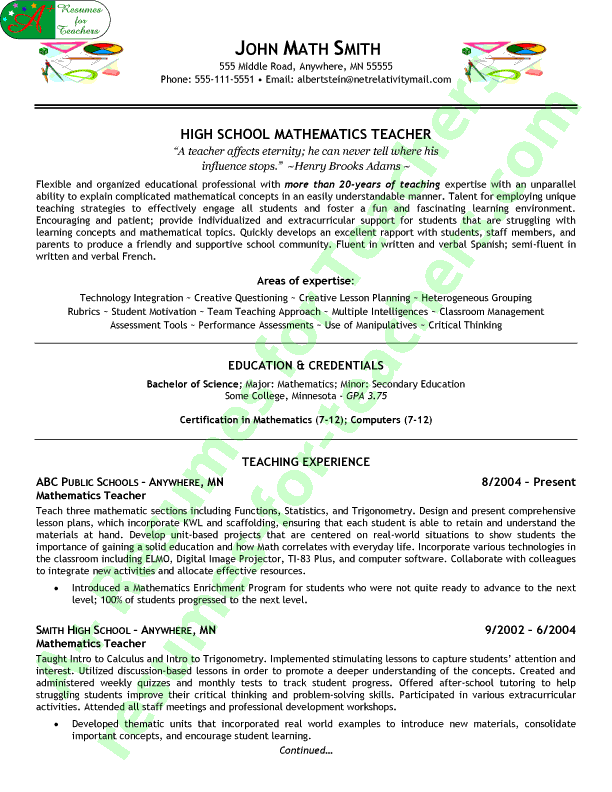 Maths Teacher Cv Pdf April 2021