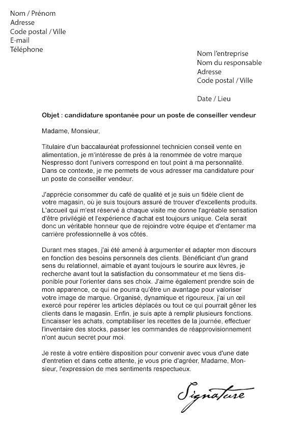 Lettre de motivation Nespresso (Conseiller vendeur)
