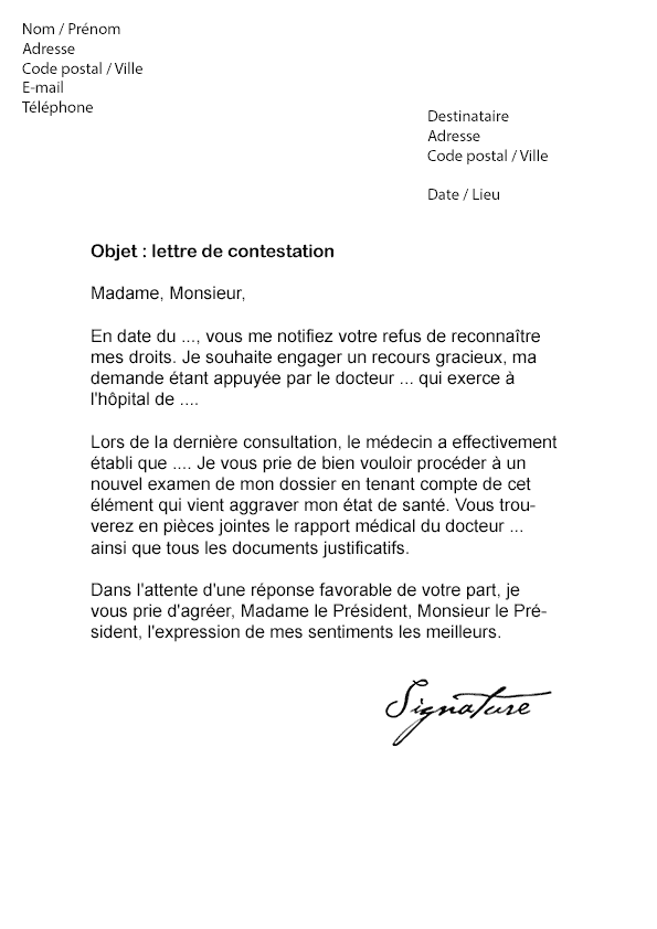 Lettre de contestation MDPH (Maison Départementale des 