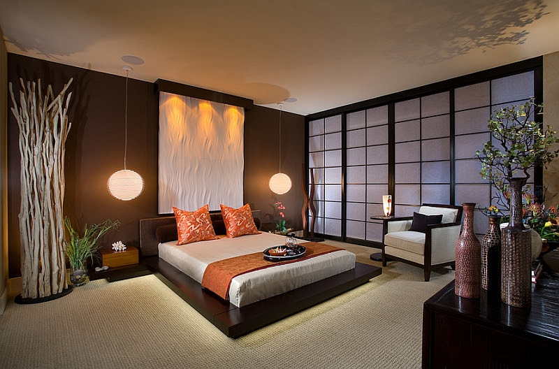 Stunning Asian style bedroom with platform bed and pendant lights 66 ...