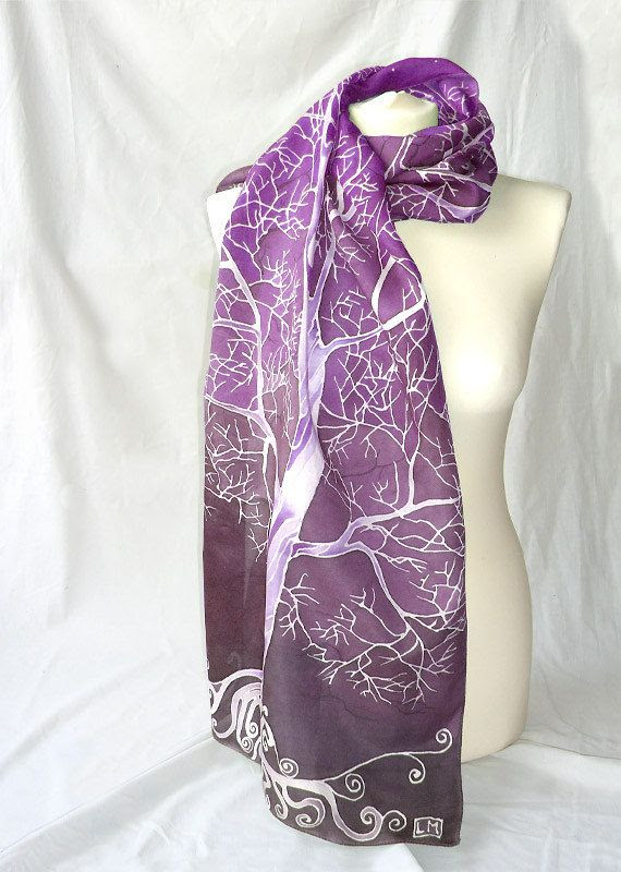 Violet scarf 'Violet sky White Trees' - purple scarves - hand painted silk scarf - Habotai silk - Christmas gift