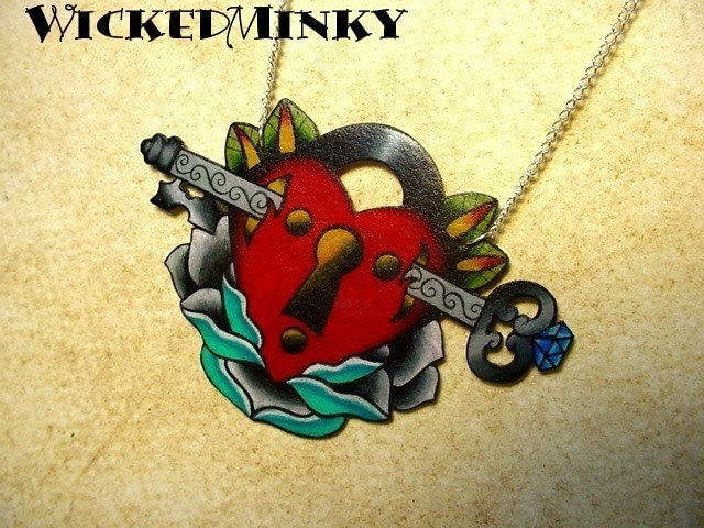 NEW tattoo rose and heart lock with skeleton key necklace. From wickedminky