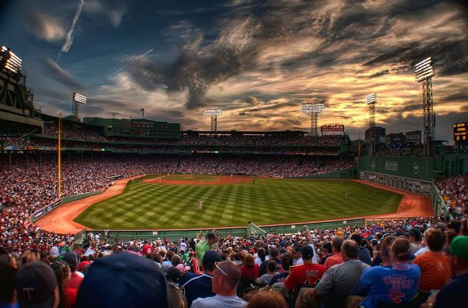 Fenway Park at twilight.