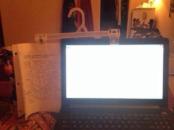 Use clothes hanger to clip notes side-by-side with display.