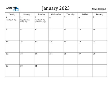 january 2023 calendar with new zealand holidays