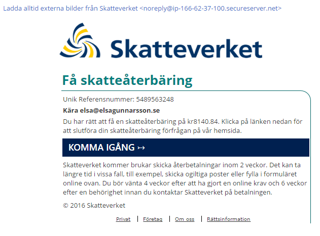 Bluffmail Skatteaterbaring Fran Skatteverket Tjana Pengar Pa Natettjana Pengar Pa Natet