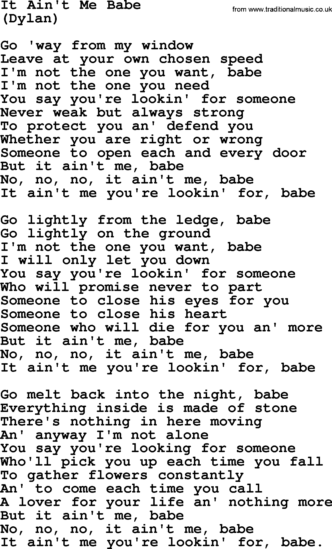 It Ain T Me Babe By The Byrds Lyrics With Pdf