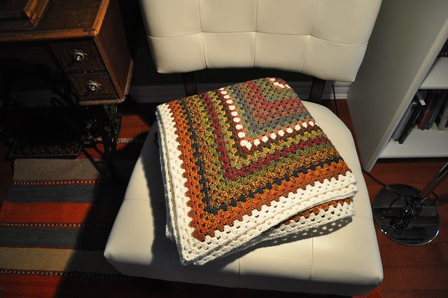 Dec. 28-Giant Granny Square done-63 x 69 inches in Jojoland Rhythm 100% wool, color # M24 and 002 (natural white)-2