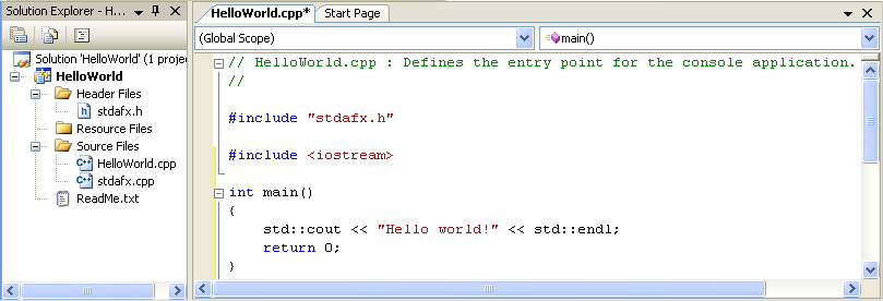 Visual C++ hello world program