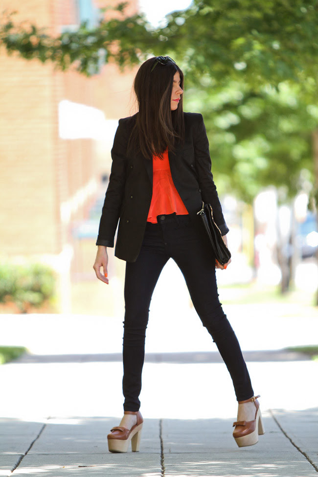 Neon Orange Fashion, Black Orchid Skinny Jeans, Black Blazer, Marc Jacobs Gold Watch, Leopard Print Clutch bag, Opening Ceremony Chloe Sevigny Mary Janes