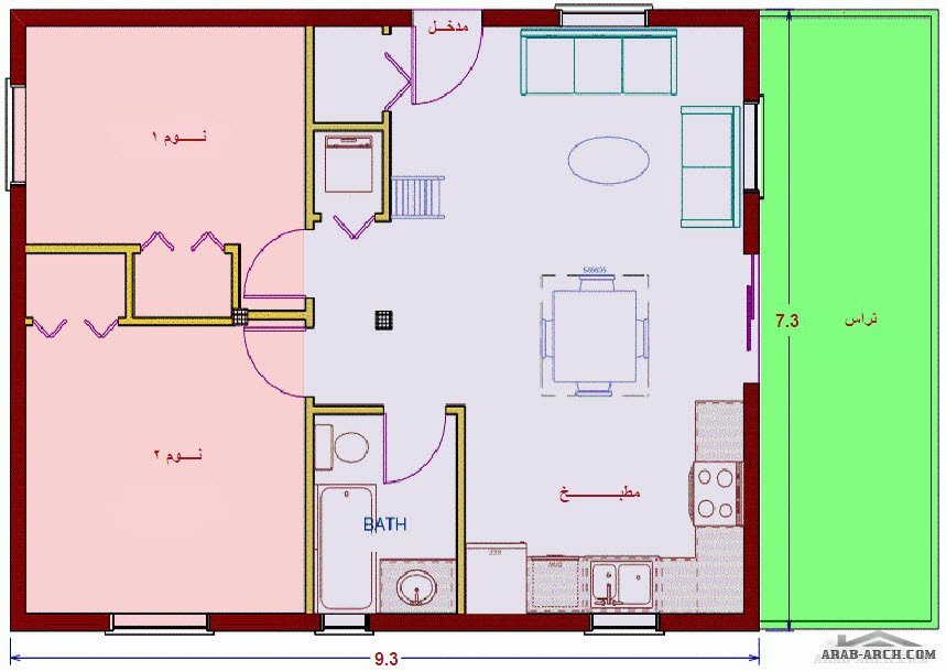 مخطط بيت طابق واحد 100 متر مربع - غرفتين نوم » arab arch