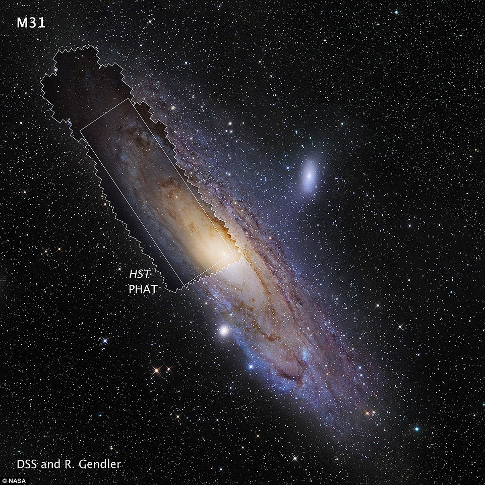 This wide-field view shows the Andromeda Galaxy (Messier 31) along with its companions M32 (below centre) and NGC 205 (upper right). The extend of the new PHAT survey of Andromeda using the  Hubble Space Telescope is shown by the irregularly shaped region and the main image presented here by the rectangle within it