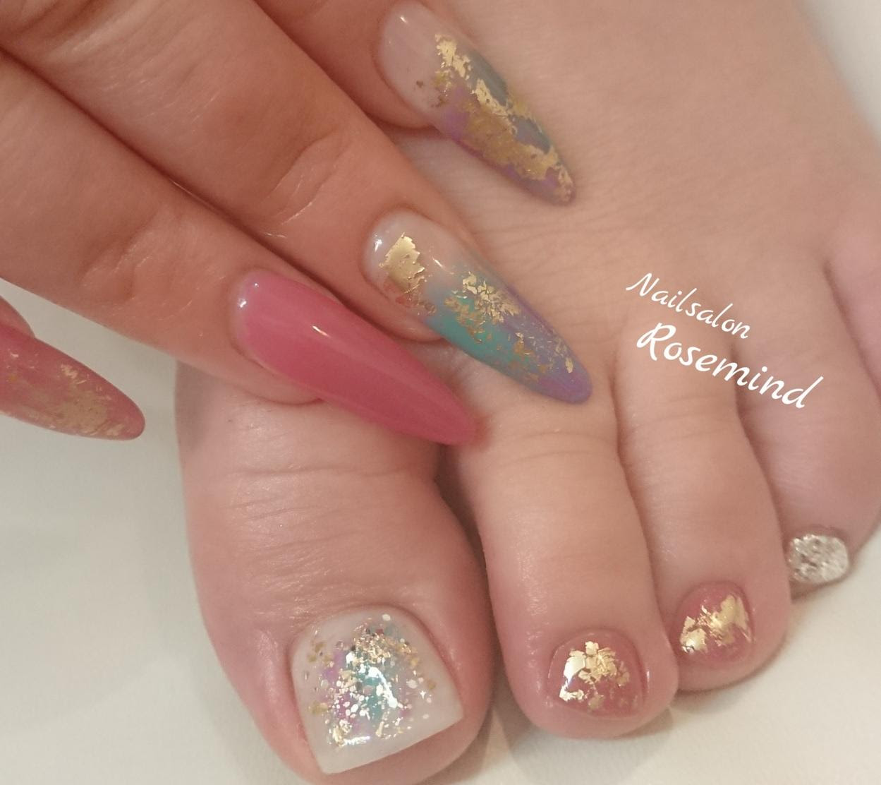 ロングネイル スカルプ ジェル ニュアンスネイル 夏 シンプル ホイル 阿南市 ネイルサロン ローズマインド Nail Salon Rosemind