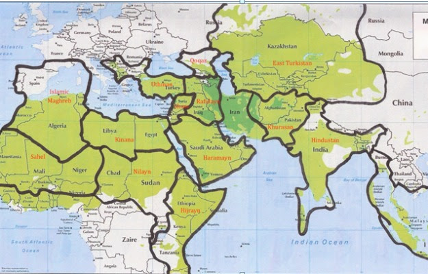 The graphic below shows the governance areas for the caliphate that al Qaeda has claimed it is in the process of creating through the jihads of its branches. The exact boundaries of these areas are open to discussion, but the names and general territories are as described by al Qaeda.