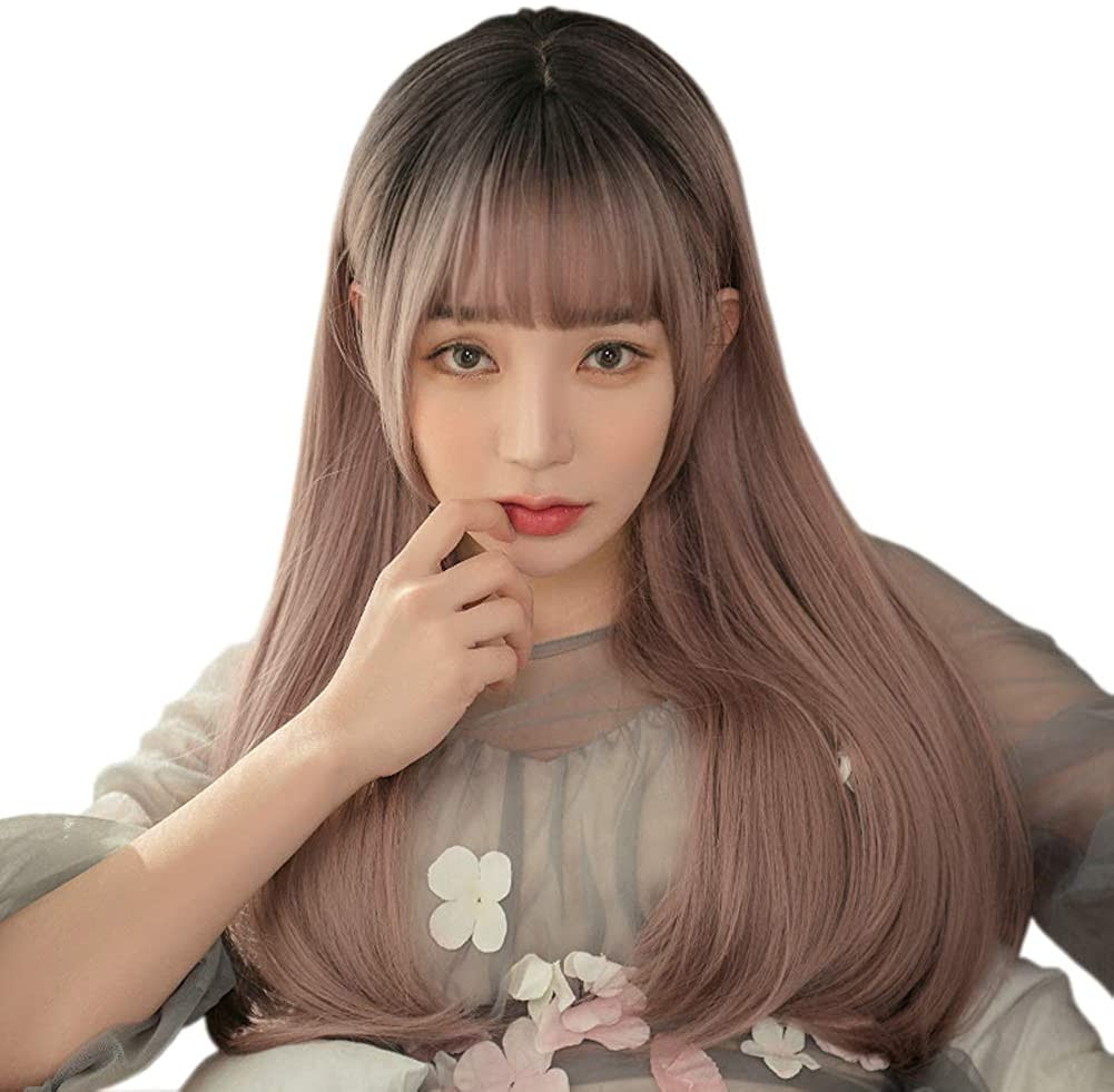 Feshfen ウィッグ フルウィッグ グデーション かつら ロング ストレート ぱっつん 姫カット 姫髪 ワンカール レディース
