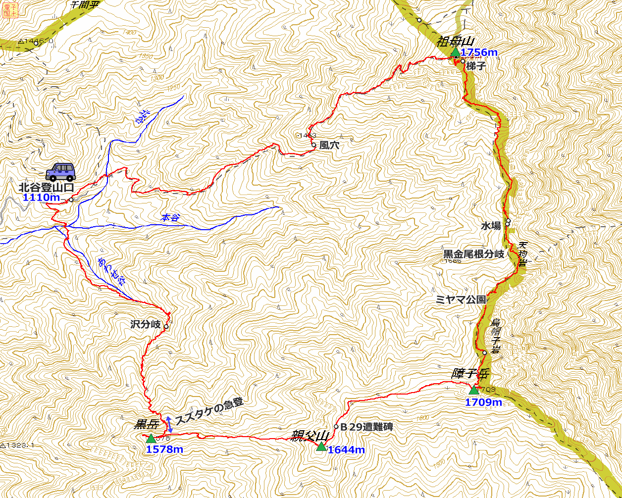 祖母山 北谷登山口 黒岳 親父山 障子岳 祖母山 北谷登山口 登山コース地図