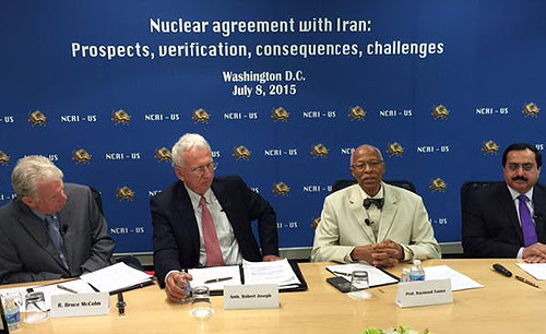 From left: Mr. R. Bruce McColm, Amb. Robert G. Joseph, Prof. Raymond Tanter and Mr. Alireza Jafarzadeh. Online panel, July 8, 2015