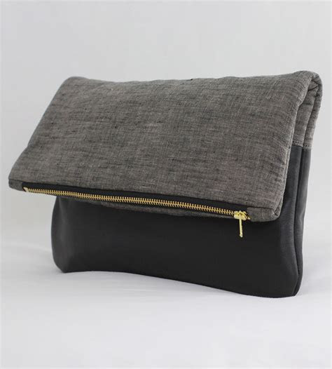 black leather linen foldover clutch womens bags