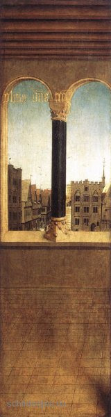 Schilderij afbeelding Het Lam Gods: Gebogen raam met uitzicht - Jan van  Eyck schilderijen