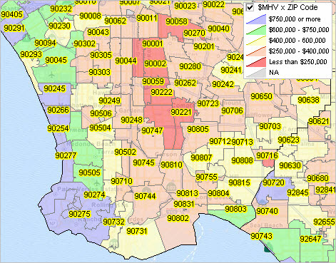 city of los angeles map with zip codes Median Housing Value By Zip Code Area city of los angeles map with zip codes